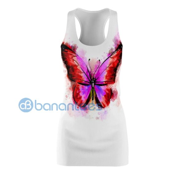 Red And Pink Butterfly Watercolor White Racerback Dress For Women Product Photo