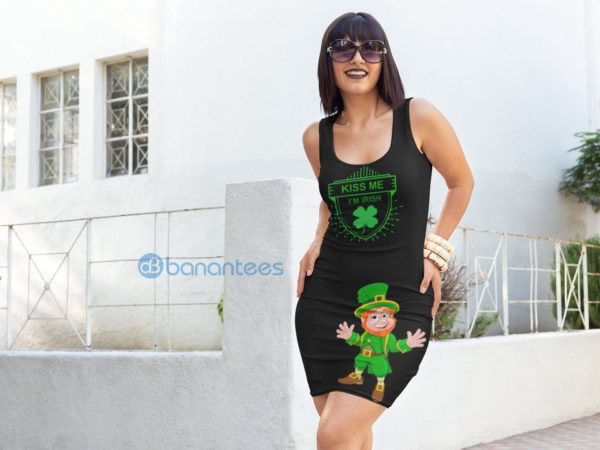 St Patrick's Day Leprechaun Black & Green Clover Fitted Party Racerback Dress by Custom Name Product Photo