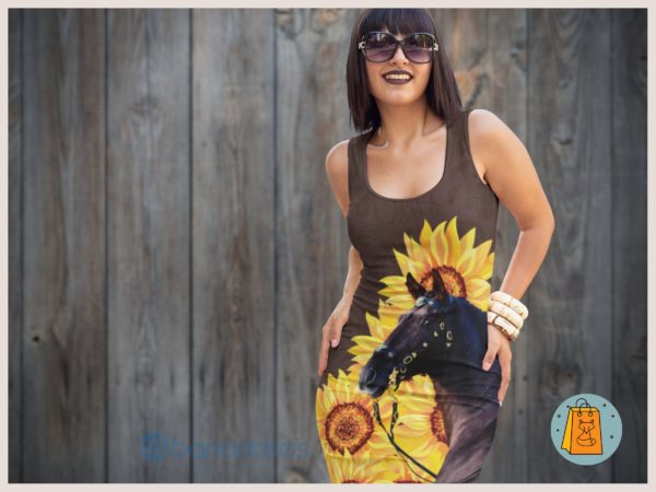 Sunflowers And Black Horse Racerback Dress For Women Product Photo