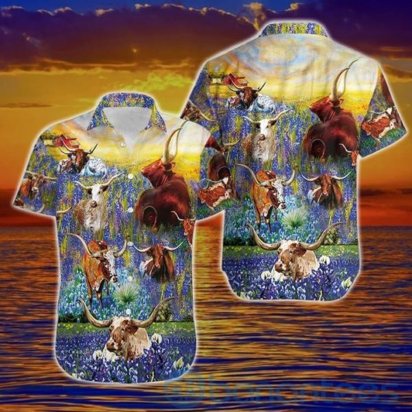 Texas Longhorn In Bluebonnets Tropical Hawaiian Shirt Product Photo