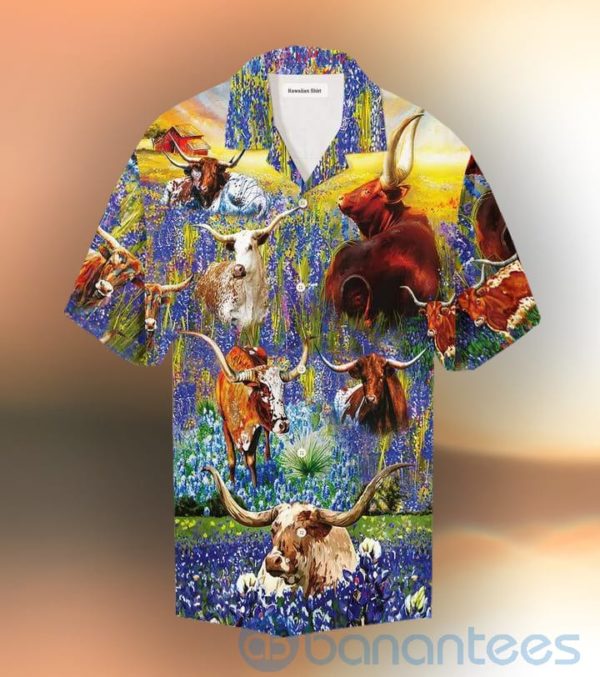 Texas Longhorn In Bluebonnets Tropical Hawaiian Shirt Product Photo