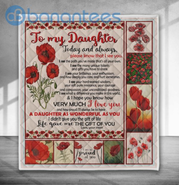 To My Daughter Today And Always Red Flower Quilt Blanket Quilt Product Photo