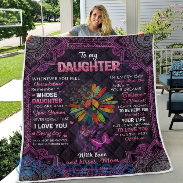 To My Daughter With Love And Kisses Mom Mandala Hippie Sunflower Blanket Quilt Product Photo