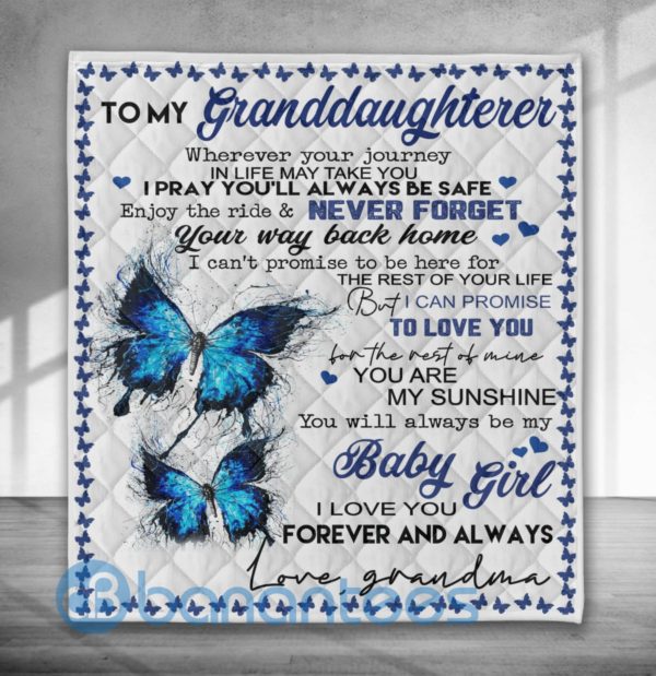 To My Granddaughter Baby Girl Blue Butterfly Blanket Quilt Product Photo