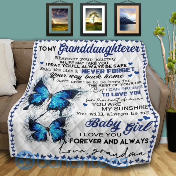To My Granddaughter Baby Girl Blue Butterfly Blanket Quilt Product Photo