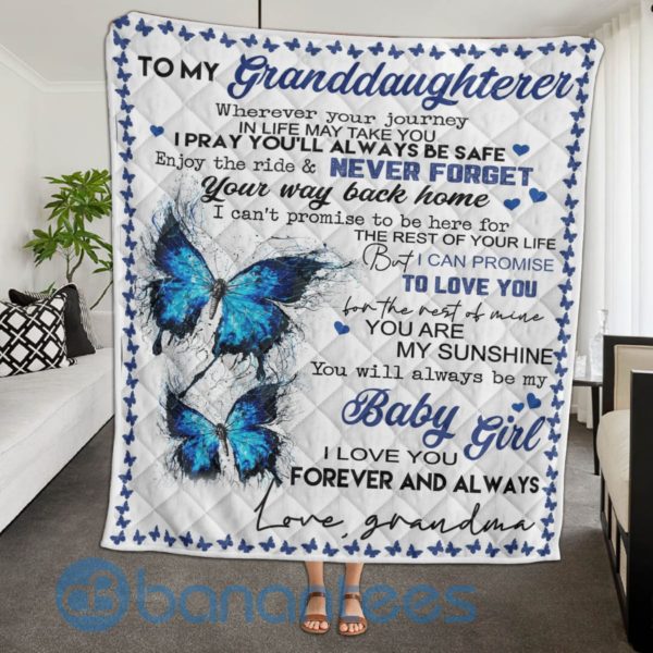 To My Granddaughter Baby Girl Blue Butterfly Blanket Quilt Product Photo