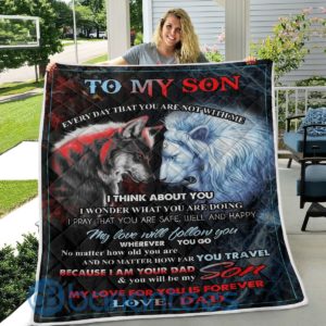 To My Son My Love For You Is Forever Love, Dad Lion And Wolf Quilt Blanket Product Photo