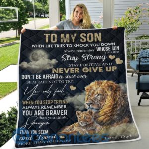 To My Son Stay Strong Love, Dad Lion Quilt Blanket Product Photo