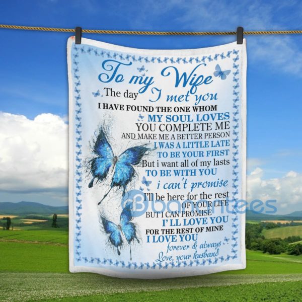To My Wife I Love You Blue Butterfly Sherpa Blanket Product Photo