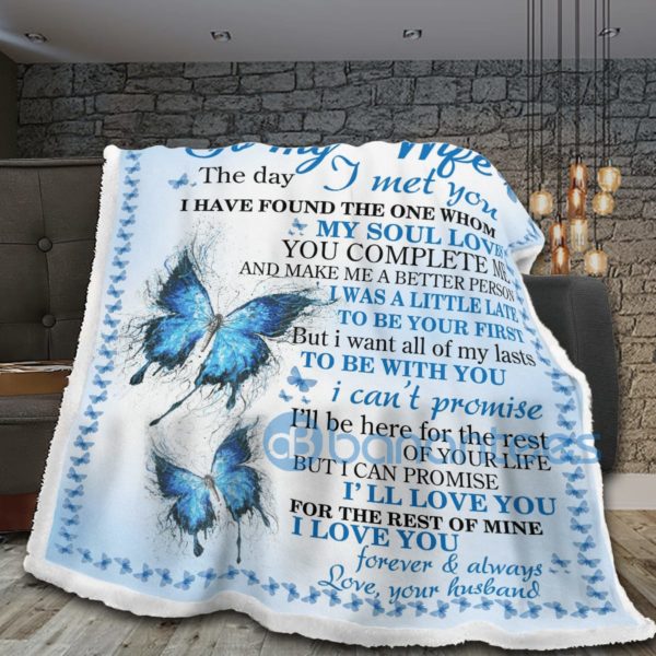 To My Wife I Love You Blue Butterfly Sherpa Blanket Product Photo