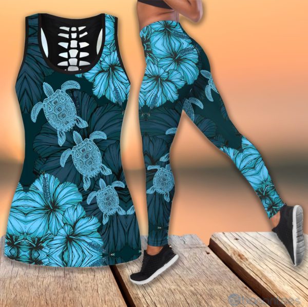Turtle Tropical Flower Hollow Tank Top Legging Set Outfit Product Photo
