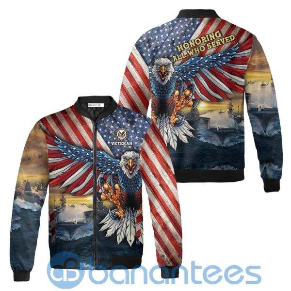 US Flag Eagle Navy Bomber Jacket Veteran Honoring All Who Served Blue Jacket Product Photo