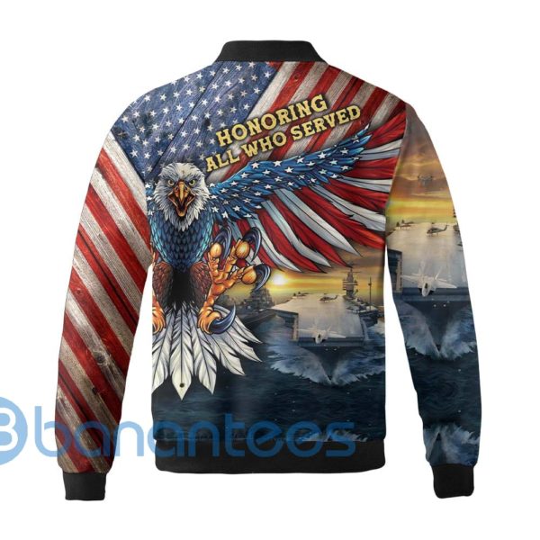 US Flag Eagle Navy Bomber Jacket Veteran Honoring All Who Served Blue Jacket Product Photo