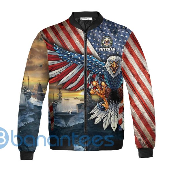 US Flag Eagle Navy Bomber Jacket Veteran Honoring All Who Served Blue Jacket Product Photo