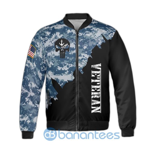 US Navy Veteran Skull Black Punisher Skull Camo Fleece Bomber Jacket Product Photo