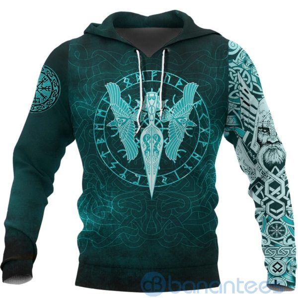 Viking Cyan Spear Of The God Odin Gungnir And Two Cyan Ravens All Over Printed 3D Hoodie Product Photo