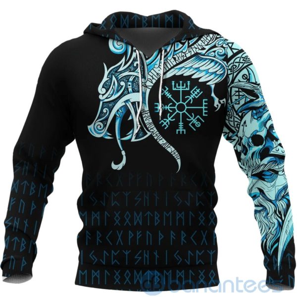 Viking Fenrir Raven And Vegvisir Tattoo Cyan All Over Printed 3D Hoodie Product Photo