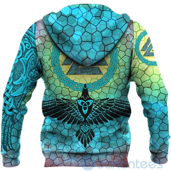 Viking Raven Of Odin And Drakkar On Fire On Vignette Cyan Valknut All Over Printed 3D Hoodie Product Photo