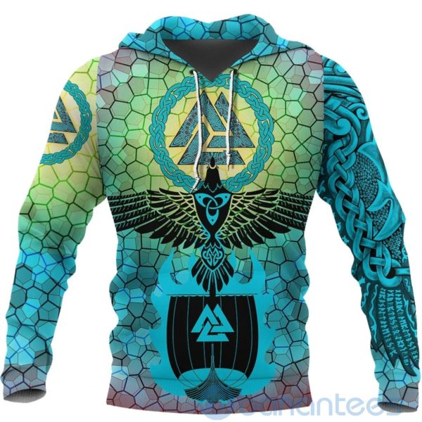 Viking Raven Of Odin And Drakkar On Fire On Vignette Cyan Valknut All Over Printed 3D Hoodie Product Photo