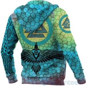 Viking Raven Of Odin And Drakkar On Fire On Vignette Cyan Valknut All Over Printed 3D Hoodie Product Photo