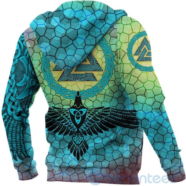 Viking Raven Of Odin And Drakkar On Fire On Vignette Cyan Valknut All Over Printed 3D Hoodie Product Photo