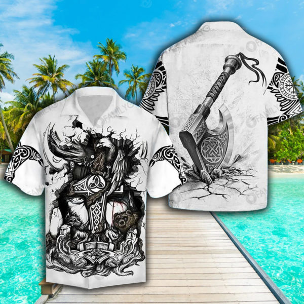 Viking Shirts Mjolnir With Odin The Vikings Hawaiian Shirt Summer Hawaiian Product Photo