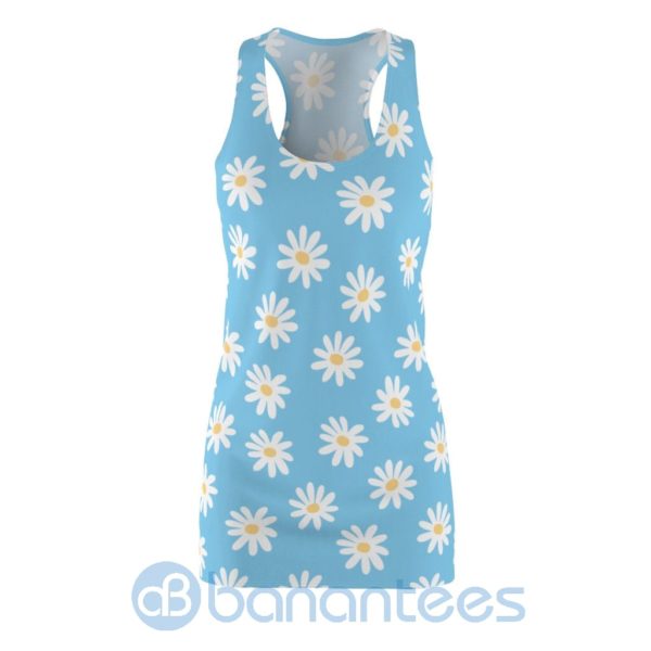 White Daisy Pattern Light Blue Racerback Dress For Women Product Photo