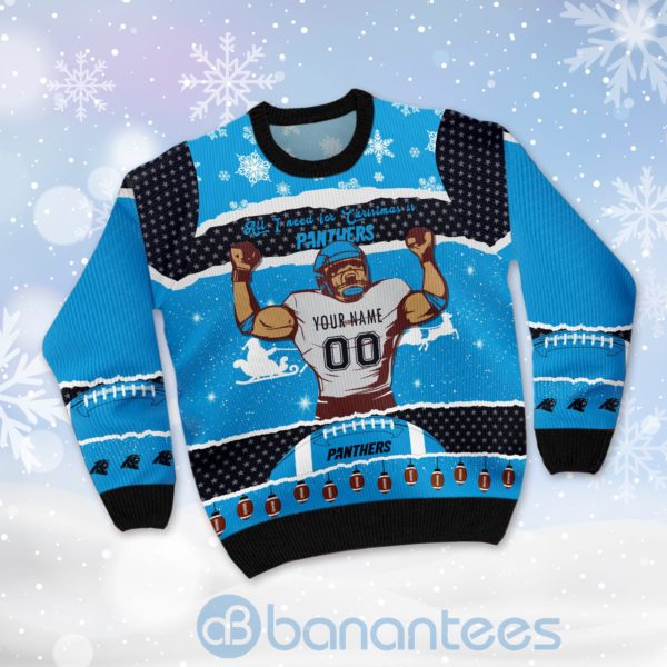 All I Want For Christmas Is Carolina Panthers Custom Name Number Christmas 3D Sweater Product Photo