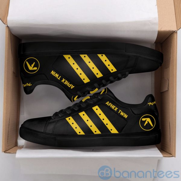 Aphex Twin Yellow Striped Black Low Top Skate Shoes Product Photo