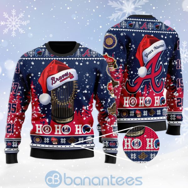 Atlanta Braves World Series Champions Ho Ho Ho 3D Custom Name Ugly Christmas 3D Sweater Product Photo