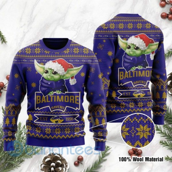 Baltimore Ravens Cute Baby Yoda Grogu Ugly Christmas 3D Sweater Product Photo