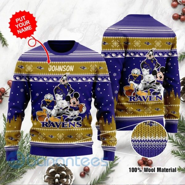 Baltimore Ravens Disney Donald Duck Mickey Mouse Goofy Custom Name Christmas 3D Sweater Product Photo
