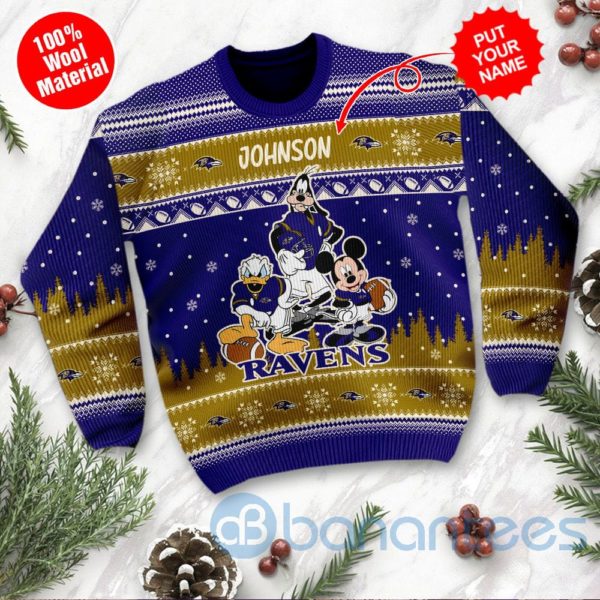 Baltimore Ravens Disney Donald Duck Mickey Mouse Goofy Custom Name Christmas 3D Sweater Product Photo