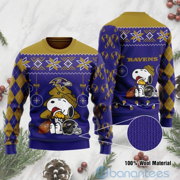 Baltimore Ravens Funny Charlie Brown Peanuts Snoopy Christmas Tree Ugly Christmas 3D Sweater Product Photo