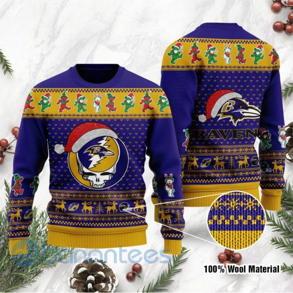 Baltimore Ravens Grateful Dead SKull And Bears Custom Name Uglu Christmas 3D Sweater Product Photo
