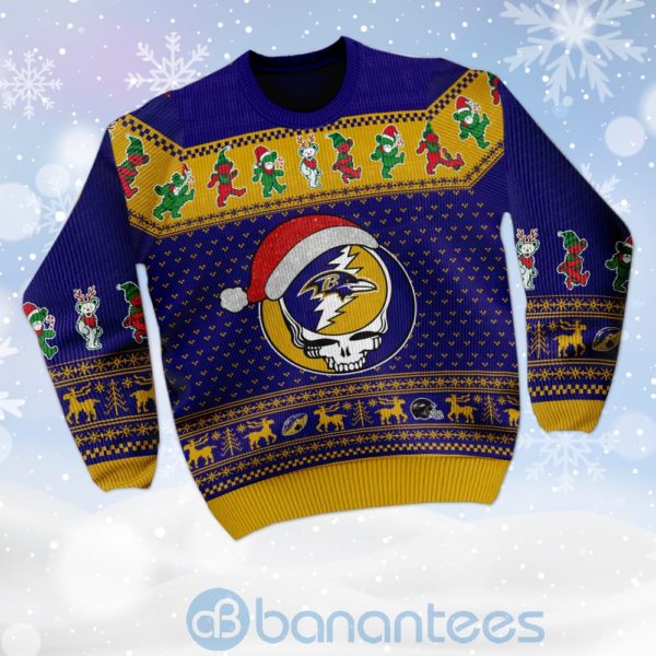 Baltimore Ravens Grateful Dead SKull And Bears Custom Name Uglu Christmas 3D Sweater Product Photo