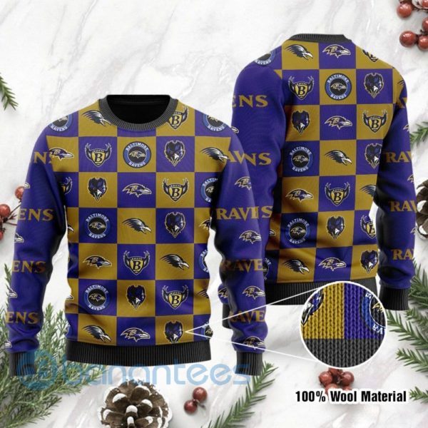 Baltimore Ravens Logo Checkered Flannel Design Ugly Christmas 3D Sweater Product Photo