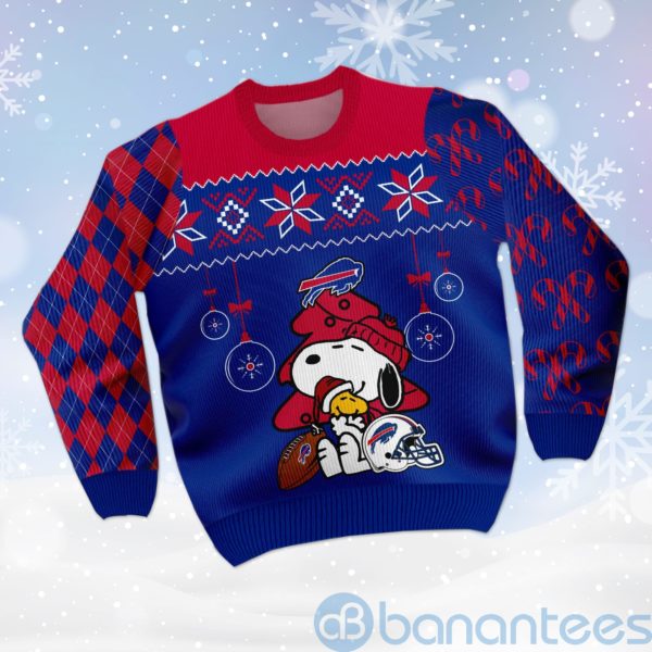 Buffalo Bills Funny Charlie Brown Peanuts Snoopy Christmas Tree Ugly Christmas 3D Sweater Product Photo