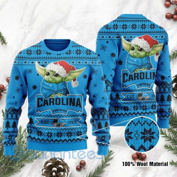 Carolina Panthers Cute Baby Yoda Grogu Ugly Christmas 3D Sweater Product Photo