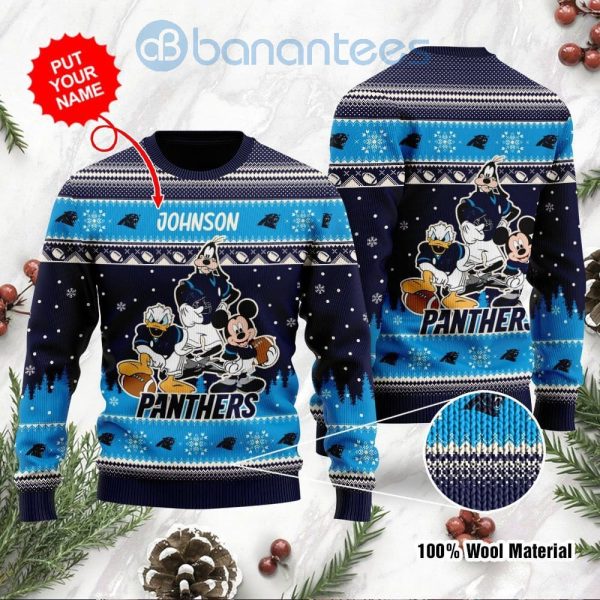 Carolina Panthers Disney Donald Duck Mickey Mouse Goofy Custom Name Christmas 3D Sweater Product Photo