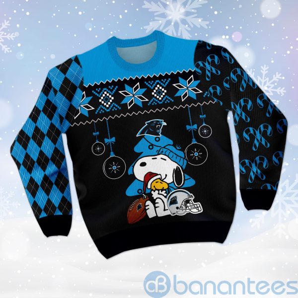 Carolina Panthers Funny Charlie Brown Peanuts Snoopy Christmas Tree Ugly Christmas 3D Sweater Product Photo