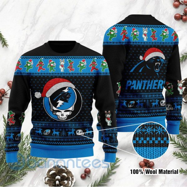 Carolina Panthers Grateful Dead SKull And Bears Custom Name Ugly Christmas 3D Sweater Product Photo
