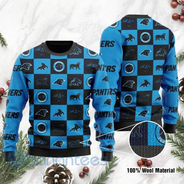 Carolina Panthers Logo Checkered Flannel Design Ugly Christmas 3D Sweater Product Photo