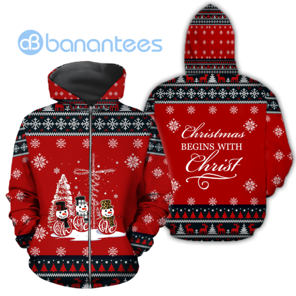 Christmas Begins With Christ Snowmans Knitting Ugly Christmas 3D Shirts - 3D Zip Hoodie - Red