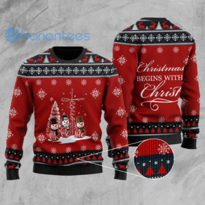 Christmas Begins With Christ Snowmans Knitting Ugly Christmas 3D Shirts - Sweater - Red