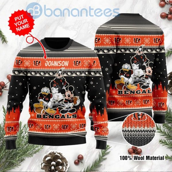Cincinnati Bengals Disney Donald Duck Mickey Mouse Goofy Custom Name Christmas 3D Sweater Product Photo