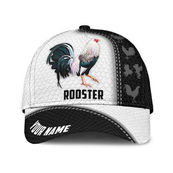 Custom Name Black And White Rooster Printed 3D Cap Product Photo