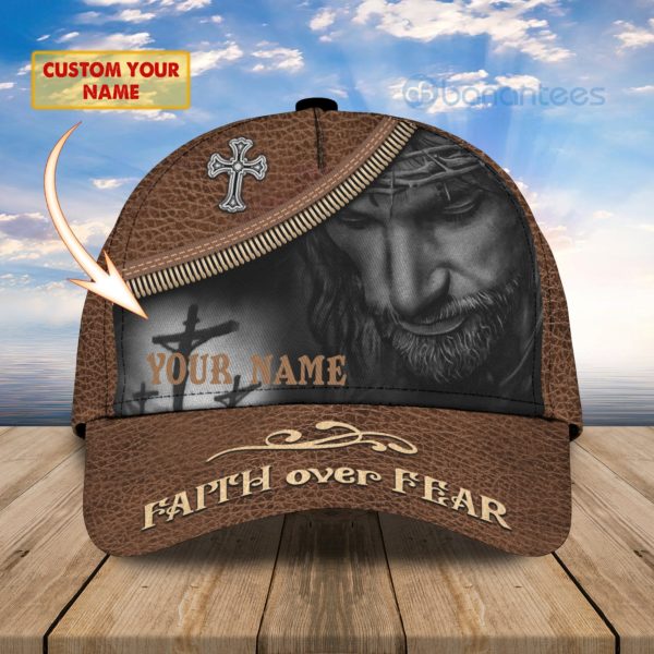 Custom Name Jesus Faith Over Fear Leather Full Printed 3D Cap Product Photo