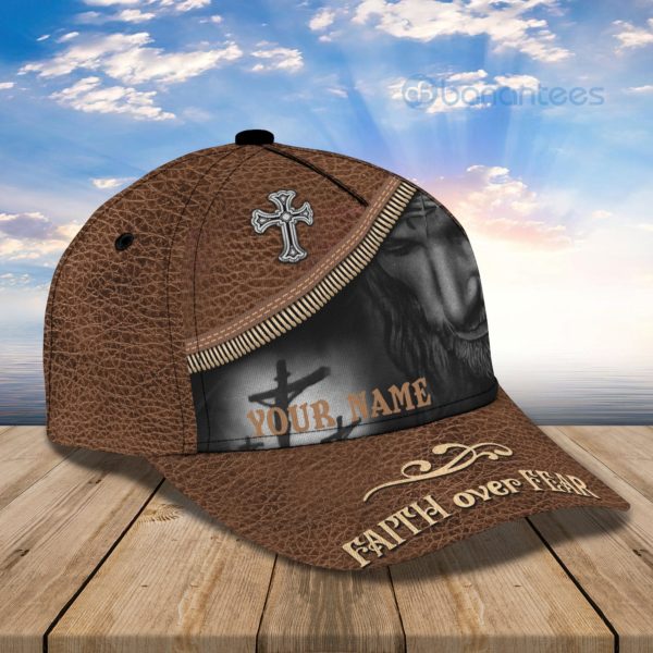 Custom Name Jesus Faith Over Fear Leather Full Printed 3D Cap Product Photo