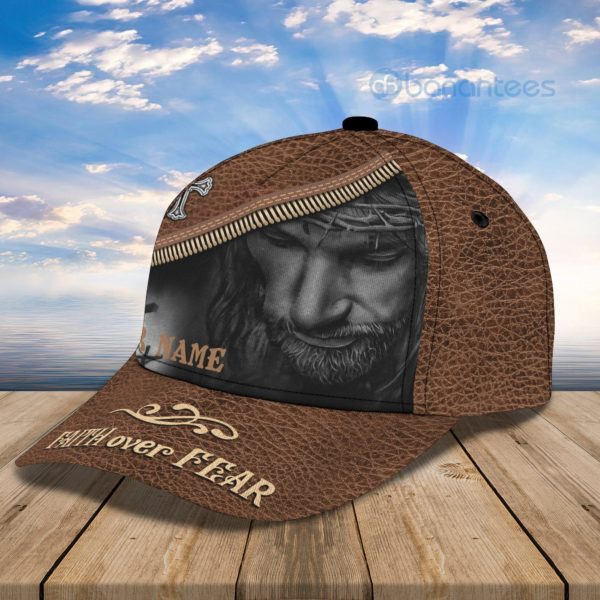 Custom Name Jesus Faith Over Fear Leather Full Printed 3D Cap Product Photo